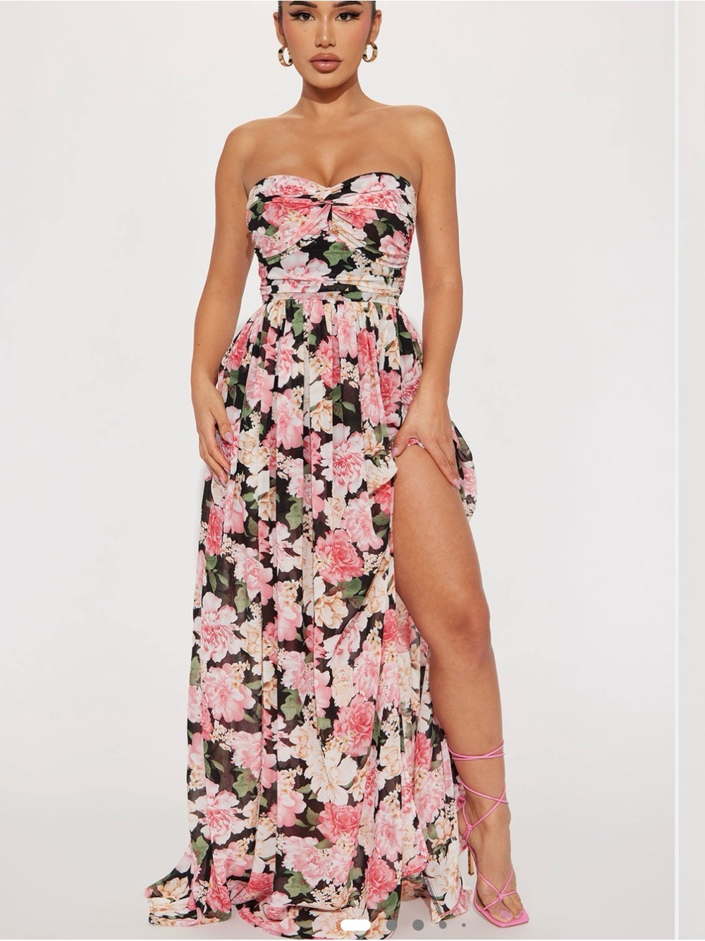 Fashion Nova Pink Floral Strapless Maxi Dress with Side Slit